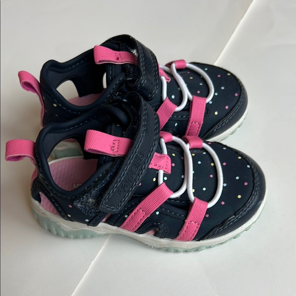 Carter's Toddler Girl Polka Dot Navy and Pink Sandal Shoes Size 5 - Picture 2 of 6